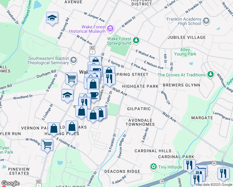 map of restaurants, bars, coffee shops, grocery stores, and more near 414 Wait Avenue in Wake Forest