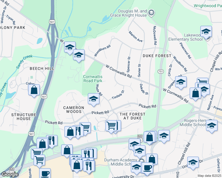 map of restaurants, bars, coffee shops, grocery stores, and more near 8 Womble Circle in Durham