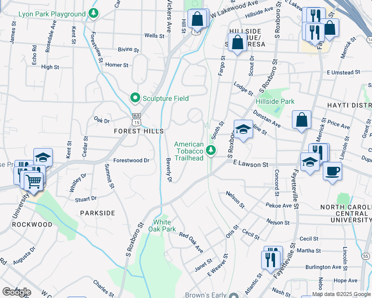 map of restaurants, bars, coffee shops, grocery stores, and more near 75 Beverly Drive in Durham