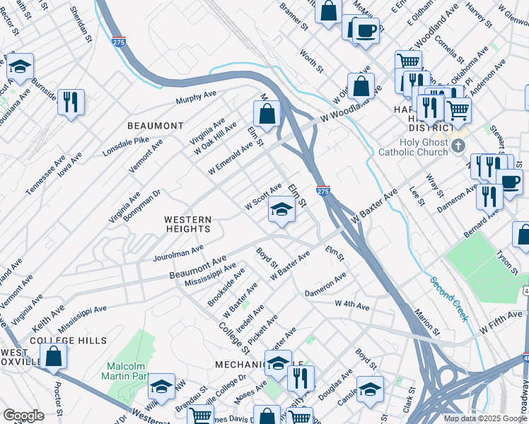 map of restaurants, bars, coffee shops, grocery stores, and more near 909 Belleaire Avenue in Knoxville