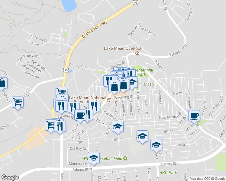 map of restaurants, bars, coffee shops, grocery stores, and more near 528 Nevada Way in Boulder City