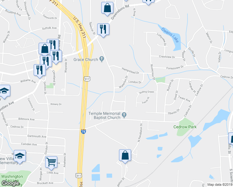 map of restaurants, bars, coffee shops, grocery stores, and more near 1016 Enterprise Drive in High Point