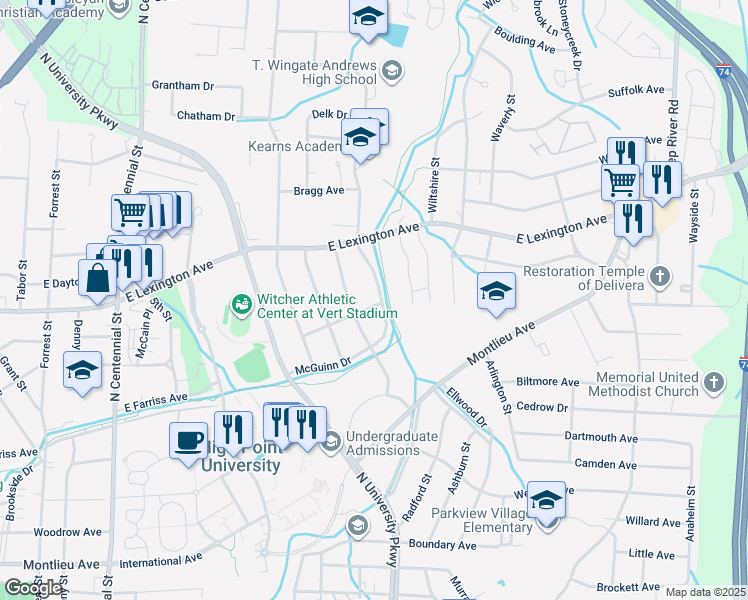 map of restaurants, bars, coffee shops, grocery stores, and more near 1501 McGuinn Drive in High Point