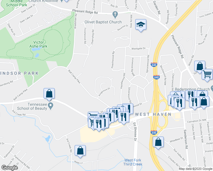 map of restaurants, bars, coffee shops, grocery stores, and more near 4537 Kinlock Lane in Knoxville