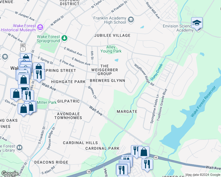 map of restaurants, bars, coffee shops, grocery stores, and more near 818 Brewers Glynn Court in Wake Forest