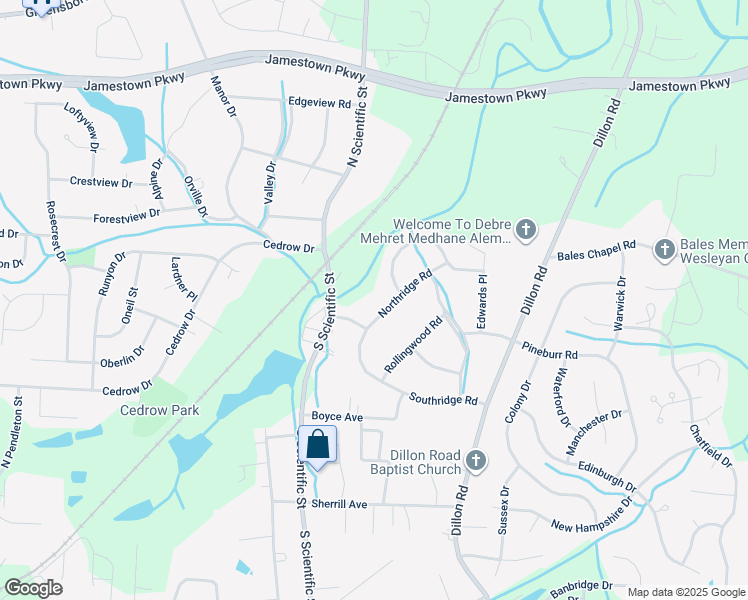 map of restaurants, bars, coffee shops, grocery stores, and more near 305 Northridge Road in Jamestown