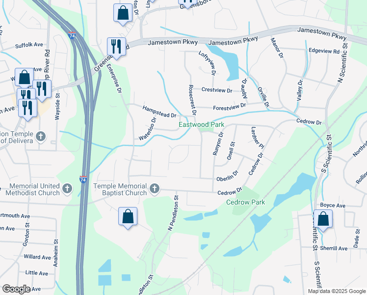 map of restaurants, bars, coffee shops, grocery stores, and more near 614 Rolling Green Drive in High Point