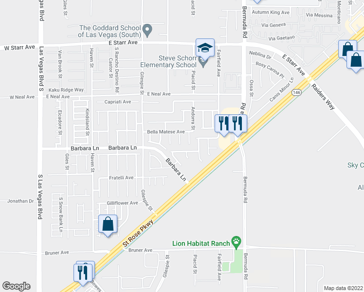 map of restaurants, bars, coffee shops, grocery stores, and more near 11696 Fiorello Court in Las Vegas