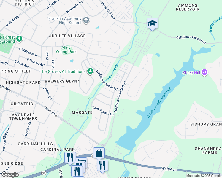 map of restaurants, bars, coffee shops, grocery stores, and more near 1017 Autumn Meadow Lane in Wake Forest