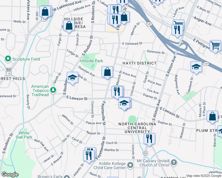 map of restaurants, bars, coffee shops, grocery stores, and more near 505 Dupree Street in Durham