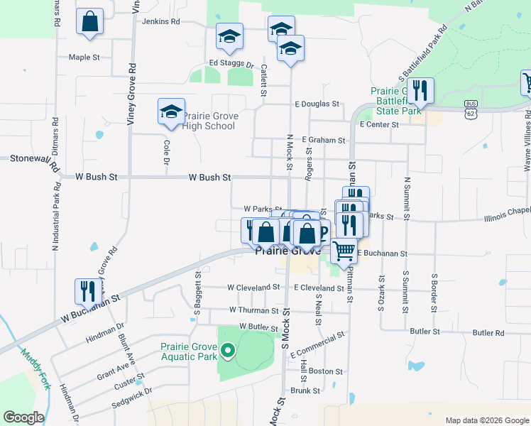 map of restaurants, bars, coffee shops, grocery stores, and more near 203 West Parks Street in Prairie Grove
