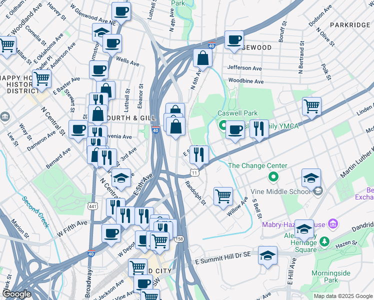 map of restaurants, bars, coffee shops, grocery stores, and more near 801 East 5th Avenue in Knoxville
