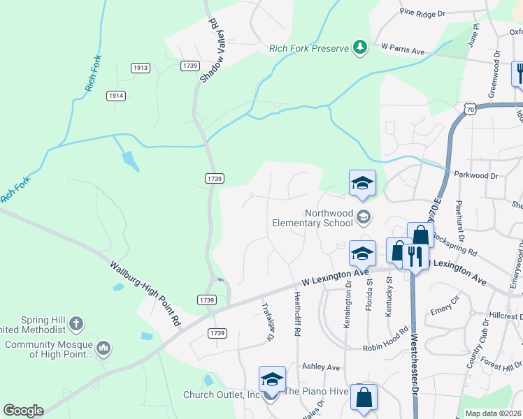 map of restaurants, bars, coffee shops, grocery stores, and more near 1615 Heathcliff Road in High Point