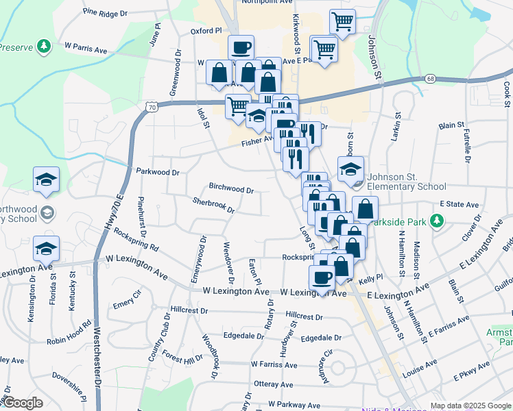 map of restaurants, bars, coffee shops, grocery stores, and more near 1603 Laurel Lane in High Point