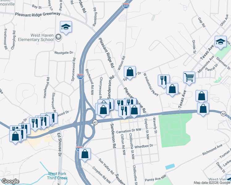 map of restaurants, bars, coffee shops, grocery stores, and more near 3717 Orangewood Road Northwest in Knoxville