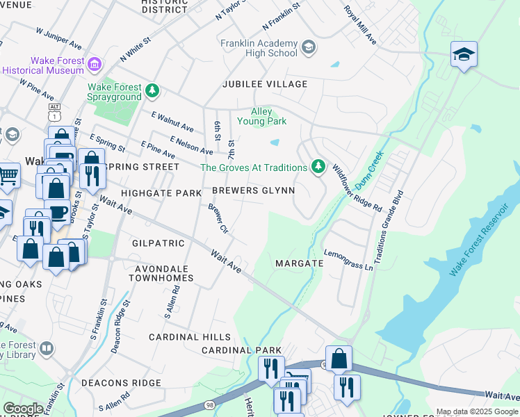 map of restaurants, bars, coffee shops, grocery stores, and more near 818 Brewers Glynn Court in Wake Forest