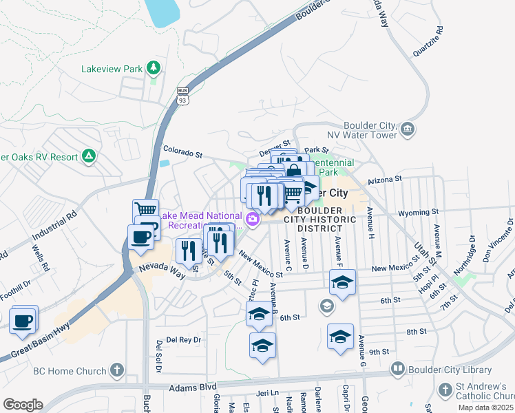 map of restaurants, bars, coffee shops, grocery stores, and more near 534 Nevada Hwy in Boulder City