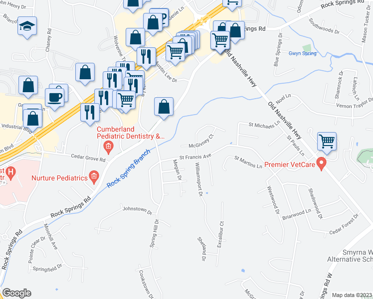 map of restaurants, bars, coffee shops, grocery stores, and more near 703 McGivney Court in Smyrna