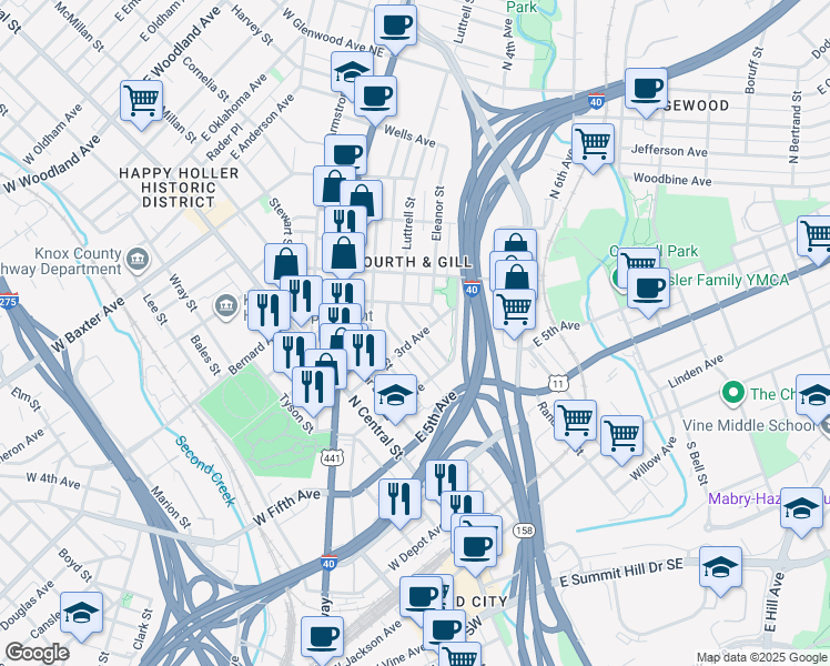 map of restaurants, bars, coffee shops, grocery stores, and more near 703 Luttrell Street in Knoxville
