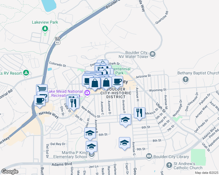 map of restaurants, bars, coffee shops, grocery stores, and more near 512 California Avenue in Boulder City