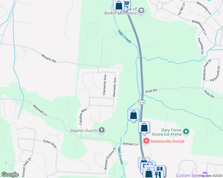 map of restaurants, bars, coffee shops, grocery stores, and more near 736 Alameda Avenue in Nolensville