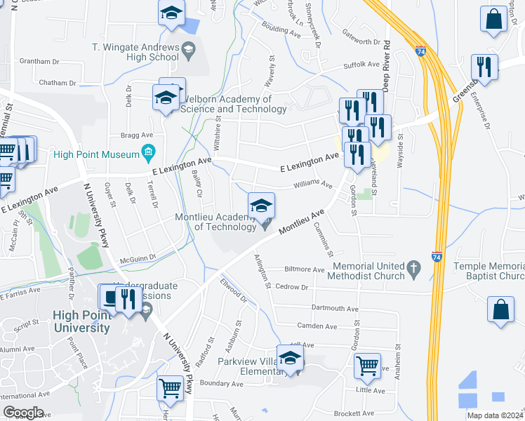 map of restaurants, bars, coffee shops, grocery stores, and more near 2404 Waverly Court in High Point