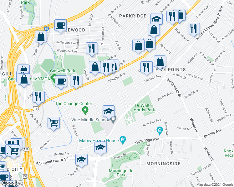 map of restaurants, bars, coffee shops, grocery stores, and more near 1925 McCalla Avenue in Knoxville