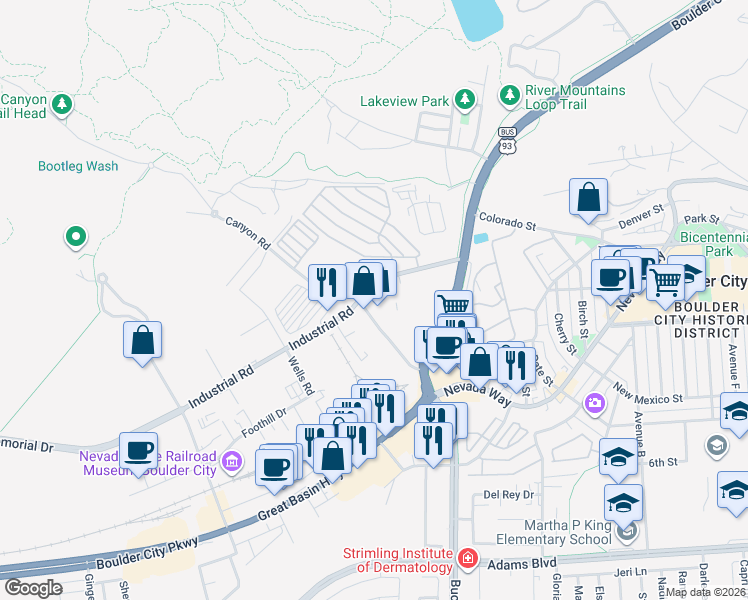 map of restaurants, bars, coffee shops, grocery stores, and more near 1013 Industrial Road in Boulder City