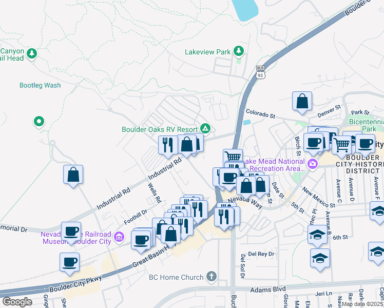 map of restaurants, bars, coffee shops, grocery stores, and more near 1013 Industrial Road in Boulder City