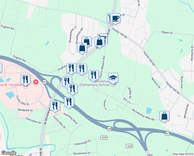 map of restaurants, bars, coffee shops, grocery stores, and more near 800 Garris Shearin Road in Rocky Mount