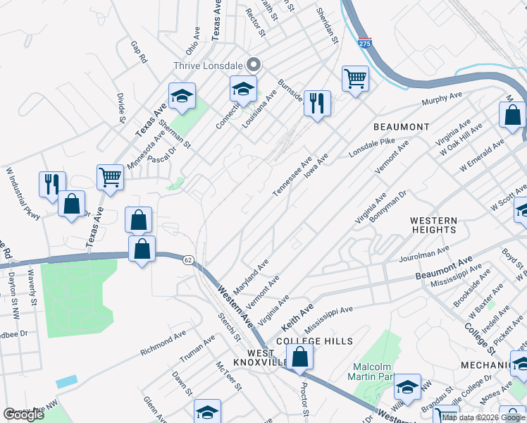 map of restaurants, bars, coffee shops, grocery stores, and more near 1906 Tennessee Avenue in Knoxville