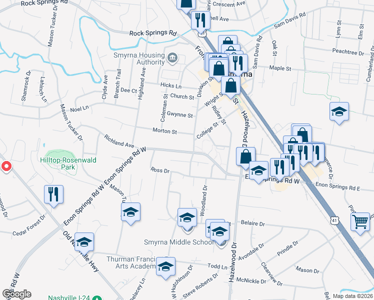 map of restaurants, bars, coffee shops, grocery stores, and more near 500 Enon Springs Road West in Smyrna
