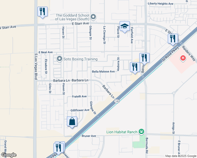 map of restaurants, bars, coffee shops, grocery stores, and more near 227 Del Cira Avenue in Las Vegas
