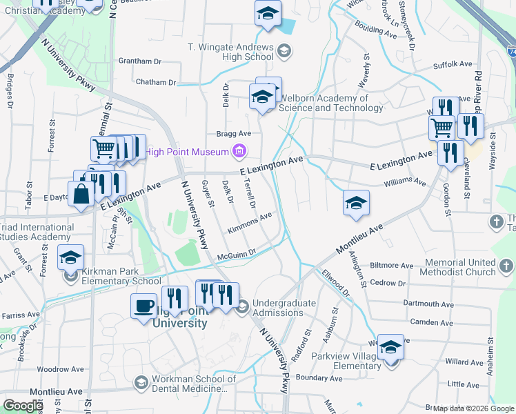 map of restaurants, bars, coffee shops, grocery stores, and more near 1209 Terrell Drive in High Point