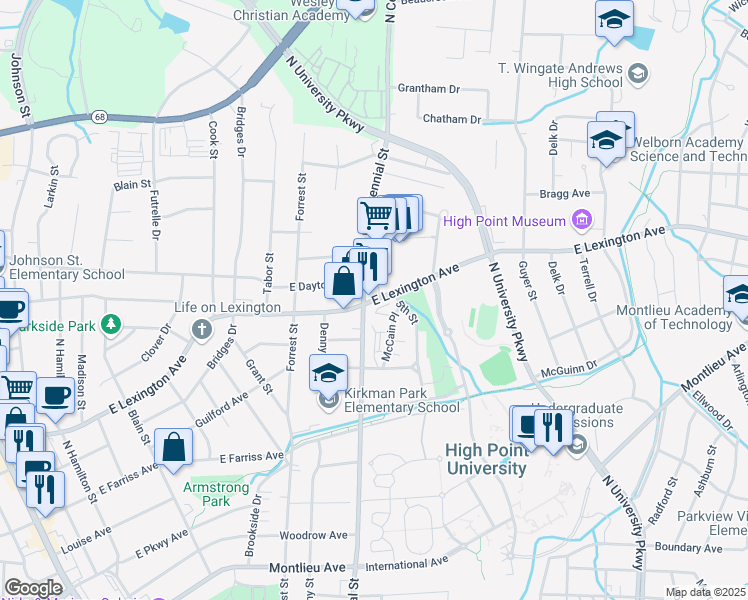 map of restaurants, bars, coffee shops, grocery stores, and more near 1135 East Lexington Avenue in High Point