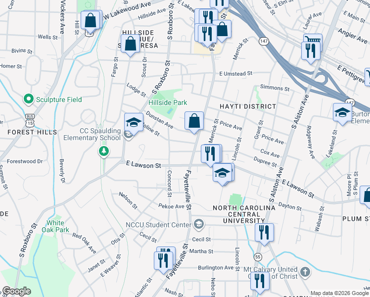 map of restaurants, bars, coffee shops, grocery stores, and more near 415 Dupree Street in Durham