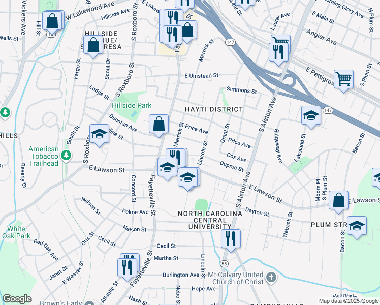 map of restaurants, bars, coffee shops, grocery stores, and more near 619 Dupree Street in Durham
