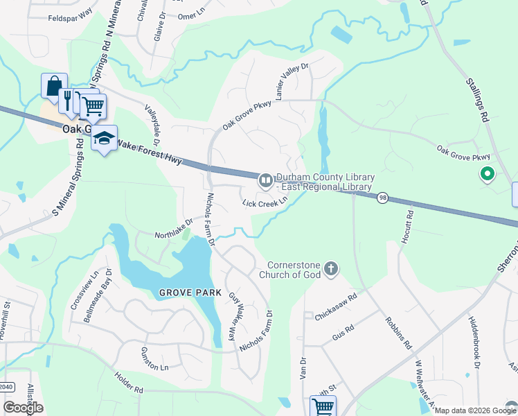 map of restaurants, bars, coffee shops, grocery stores, and more near 206 Lick Creek Lane in Durham