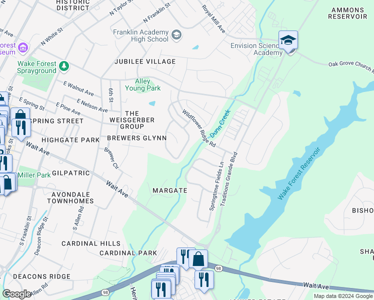 map of restaurants, bars, coffee shops, grocery stores, and more near 1101 Woodland Grove Way in Wake Forest