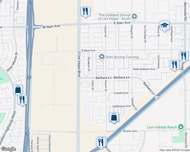 map of restaurants, bars, coffee shops, grocery stores, and more near 57 Wood Cliff Avenue in Las Vegas