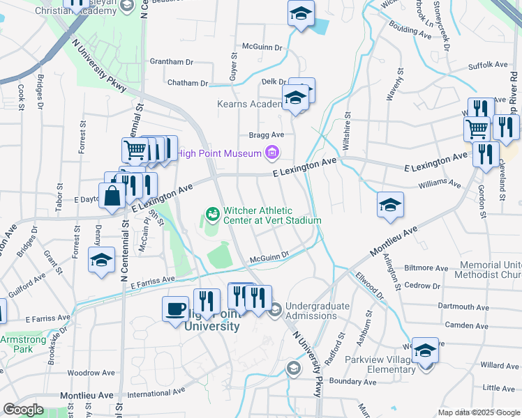 map of restaurants, bars, coffee shops, grocery stores, and more near 1213 Delk Drive in High Point