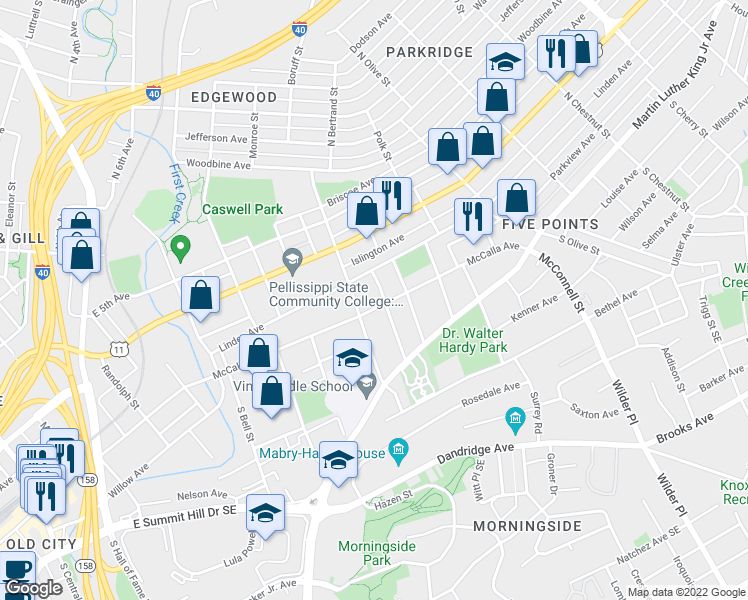 map of restaurants, bars, coffee shops, grocery stores, and more near 1925 McCalla Avenue in Knoxville