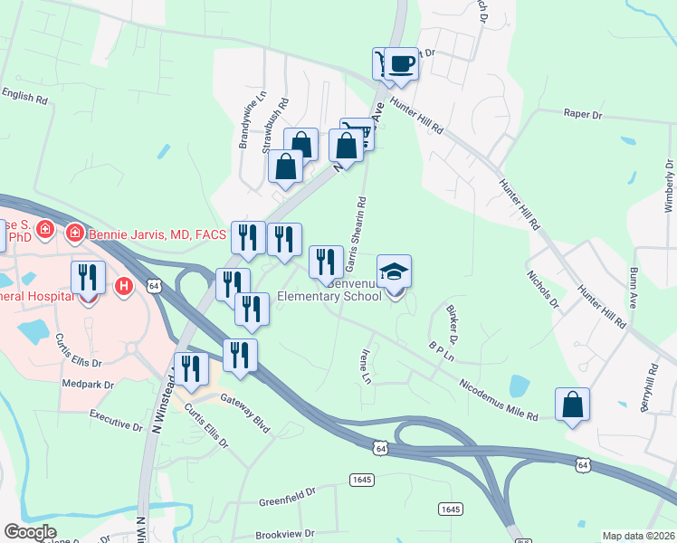 map of restaurants, bars, coffee shops, grocery stores, and more near 800 Garris Shearin Road in Rocky Mount