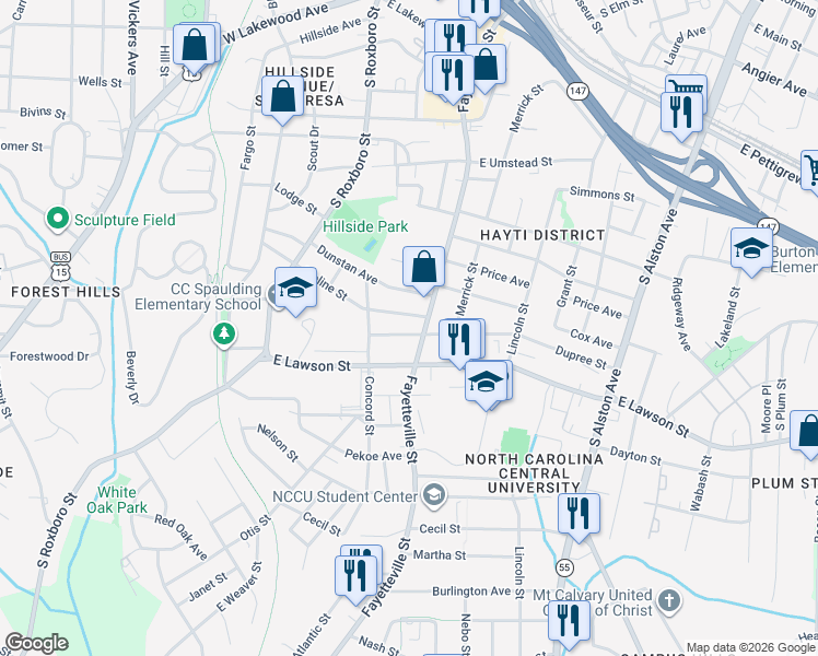 map of restaurants, bars, coffee shops, grocery stores, and more near 415 Dupree Street in Durham