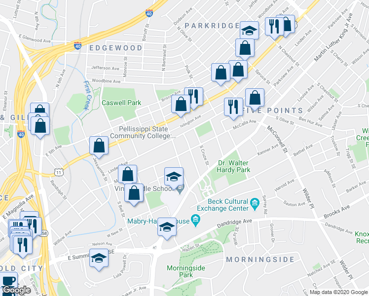 map of restaurants, bars, coffee shops, grocery stores, and more near 1925 McCalla Avenue in Knoxville