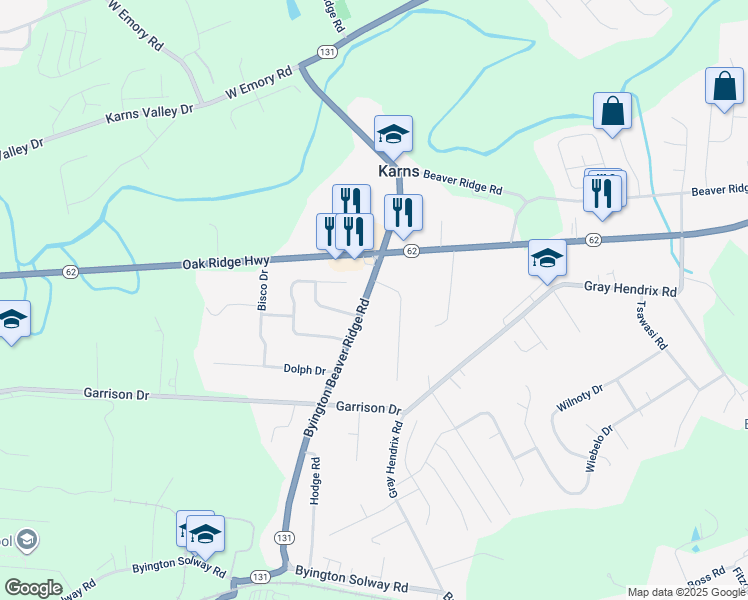 map of restaurants, bars, coffee shops, grocery stores, and more near 3222 Byington Beaver Ridge Road in Knoxville
