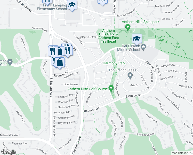 map of restaurants, bars, coffee shops, grocery stores, and more near 1336 Minuet Street in Henderson