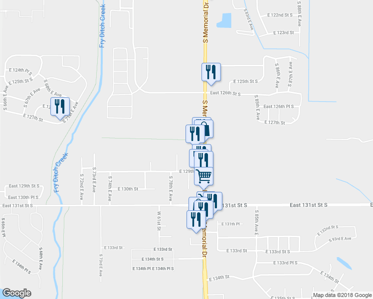 map of restaurants, bars, coffee shops, grocery stores, and more near 12820 South Memorial Drive in Bixby