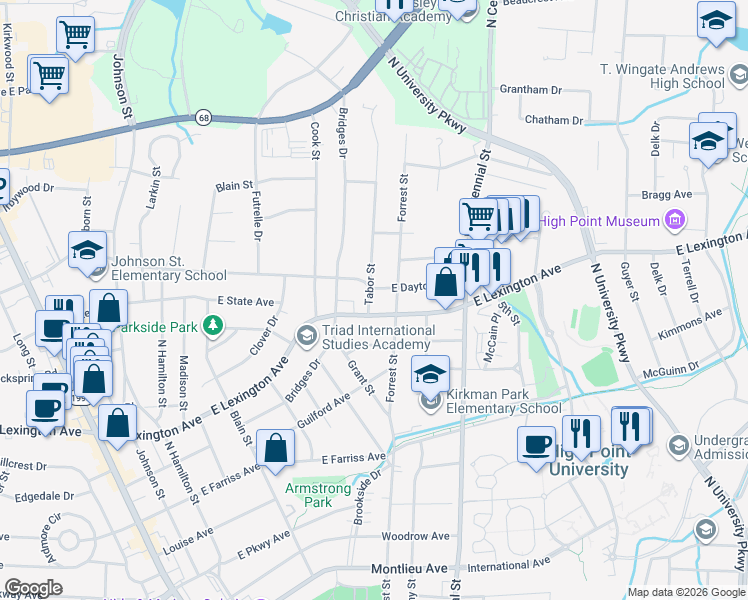 map of restaurants, bars, coffee shops, grocery stores, and more near 906 Tabor Street in High Point