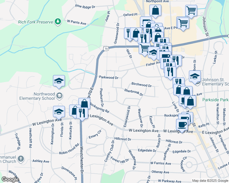 map of restaurants, bars, coffee shops, grocery stores, and more near 1507 Whitehall Street in High Point